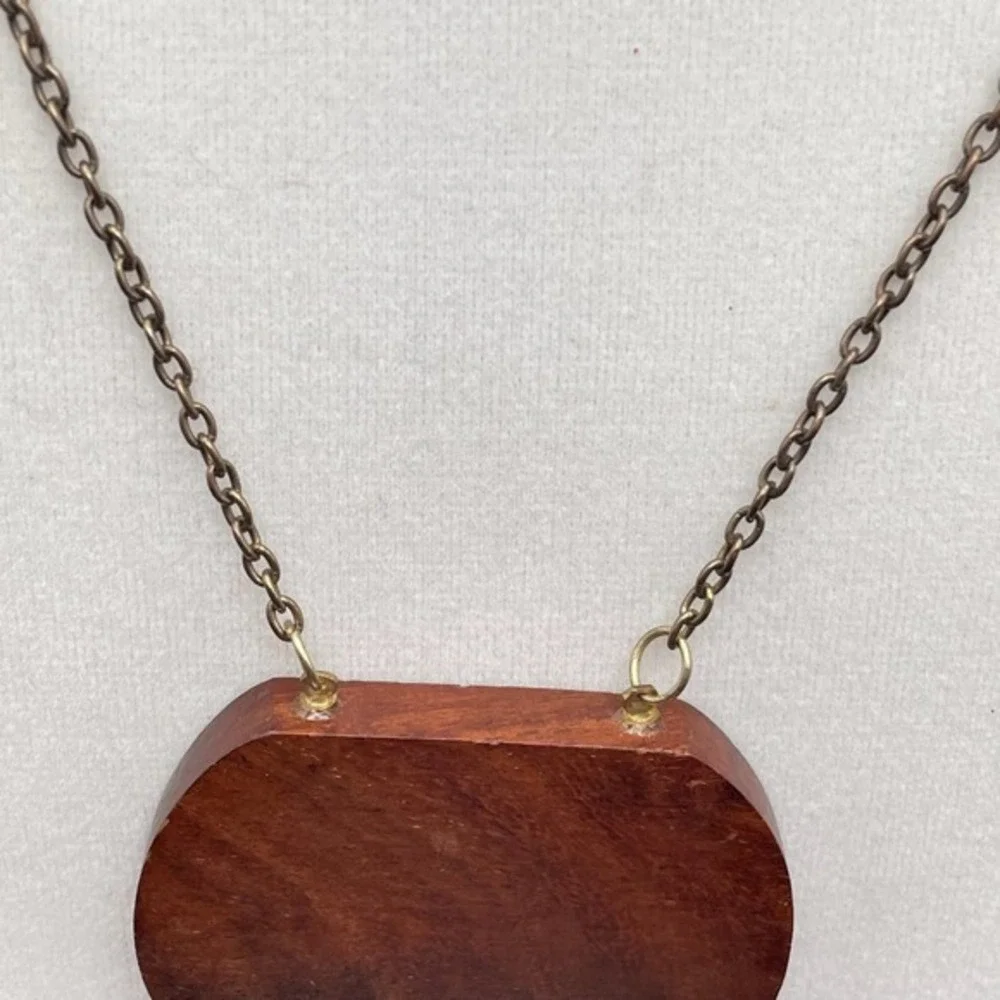 Vintage Brown Wood Round Pendant Necklace Boho Statement‎ Chain